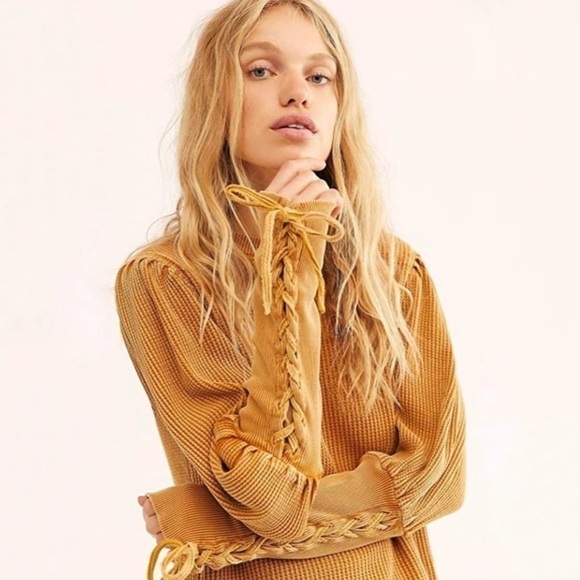 Free People One Tasha Thermal Waffle Knit Lace Up Puff Sleeve Top Dark Yellow XS - Picture 1 of 15